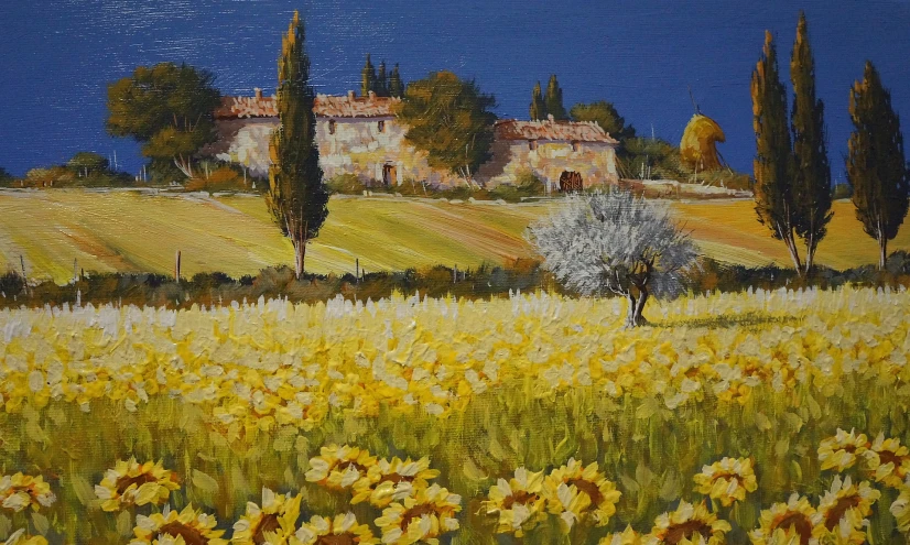 a painting of a farm scene with yellow sunflowers