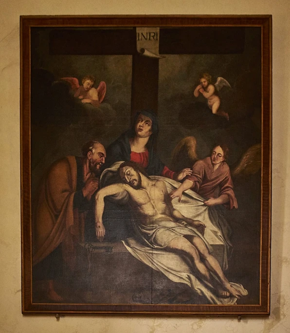 a painting of jesus laid on the cross by three men