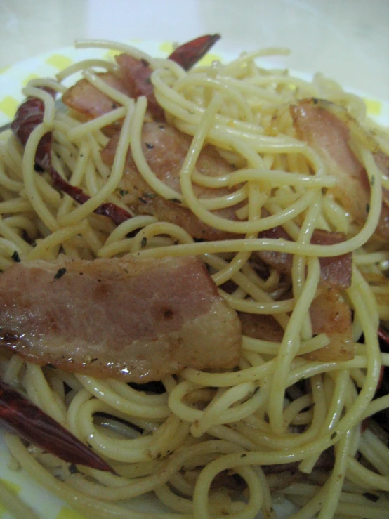 a closeup of spaghetti and bacon on a plate