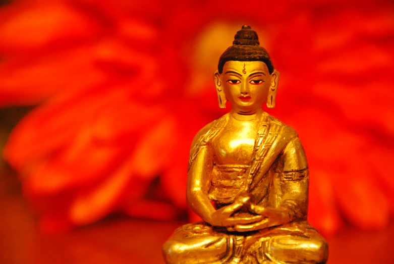 a golden buddha statue in front of flowers