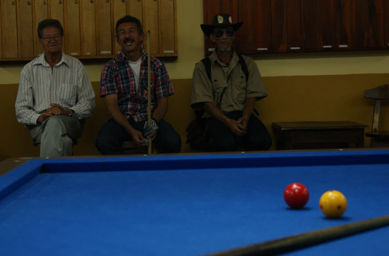 two men with hats and glasses and a pool table