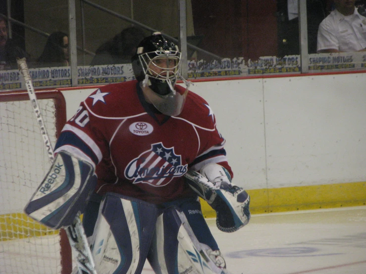 an ice hockey goalie on the ice at night