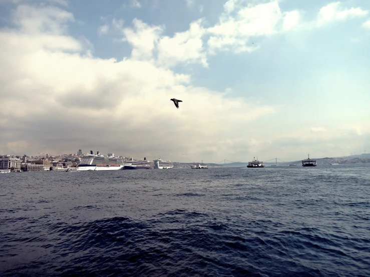 a group of boats sitting out on the ocean