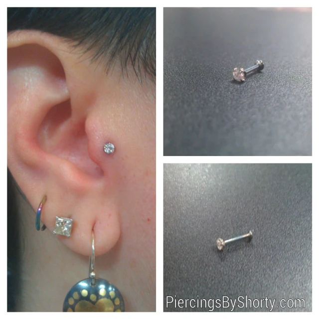 three pictures of two different piercings that have diamonds in them