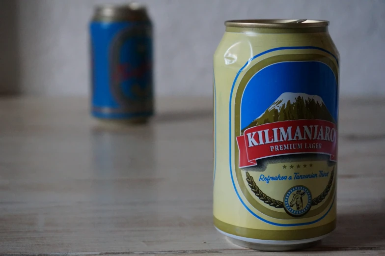 two cans of beer, one with a mountain in the background