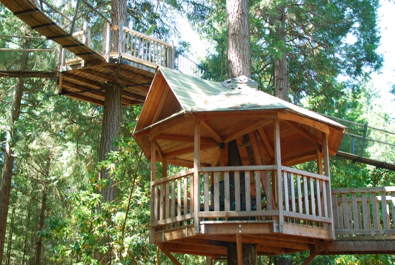 a cabin is built into the forest with a balcony