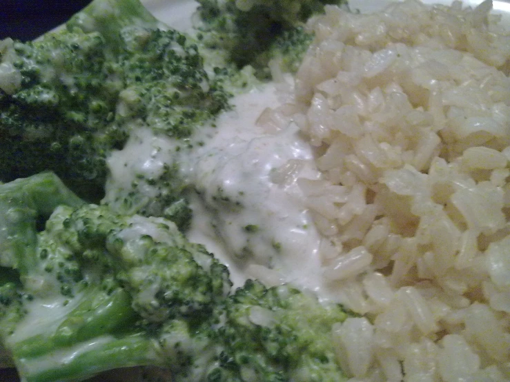 the broccoli is next to the rice and is ready to eat