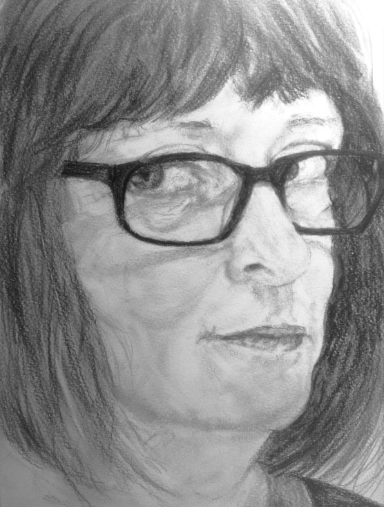 a sketched po of a woman with glasses