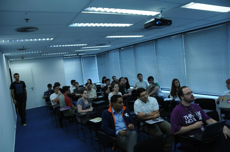 a group of people in a room watching soing