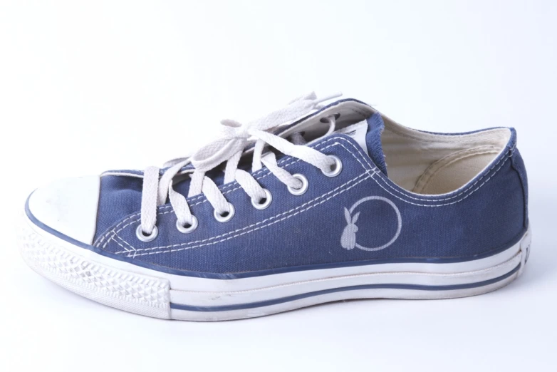 a blue pair of canvas shoes on a white background