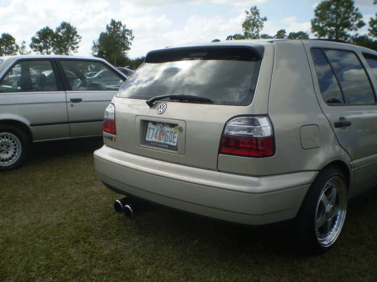 two gray volkswagen type car parked in grass