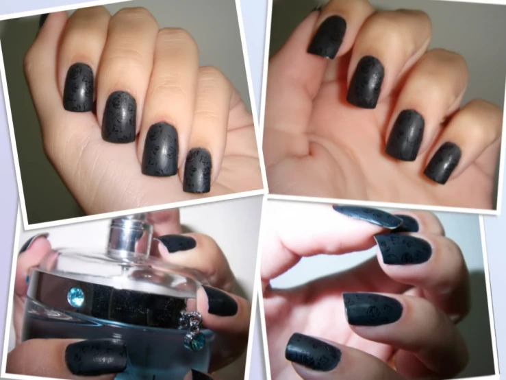 a series of pographs showing how black nail polish is applied