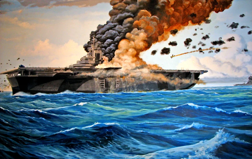 a painting of a naval ship hitting another boat with it's bow