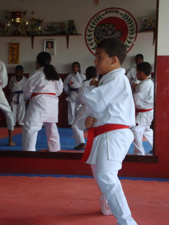 a  wearing a red belt practicing karate