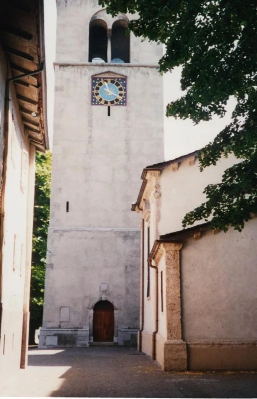 a church has a small clock on it