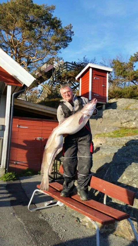 a man with a fish on a bench