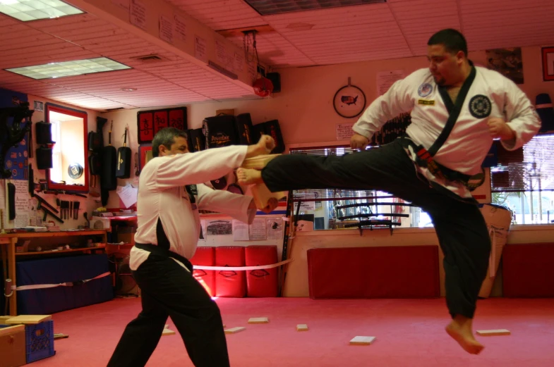 two people doing martial moves in a room