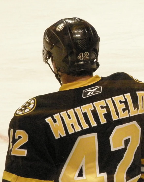 hockey player in uniform sitting on the ice