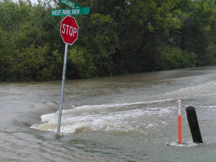 stop sign surrounded by flood water on street