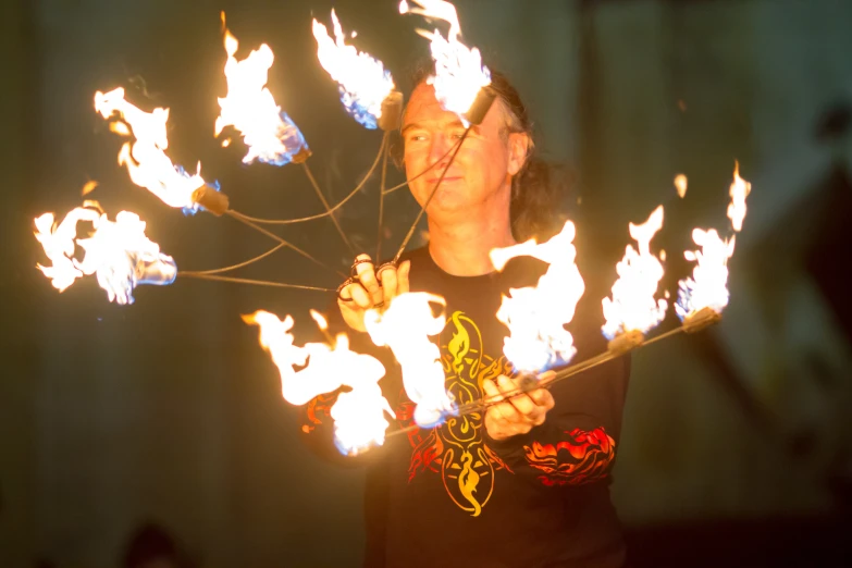 a person with bright light sticks holding them