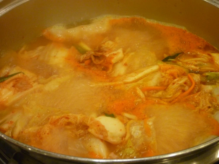 a pot filled with meat and vegetable soup