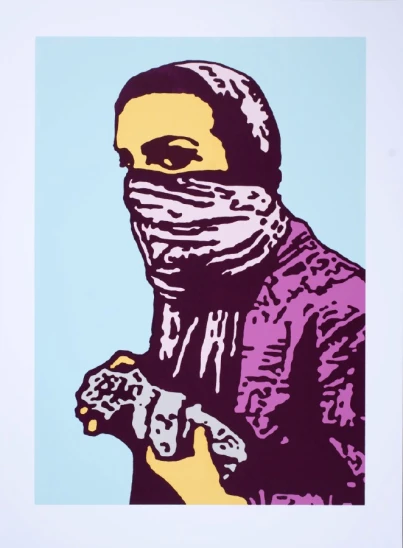a print of a man with a bandana around his face