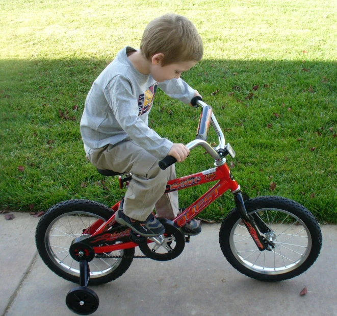 a little boy riding his bicycle outside with green grass