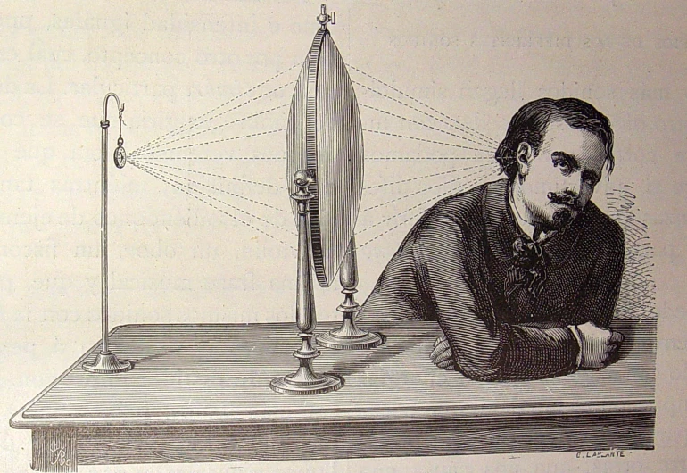 a drawing of a person looking at a model of the sun
