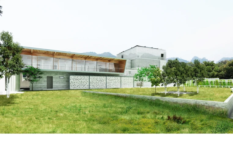 an artist's rendering of a building and grass area