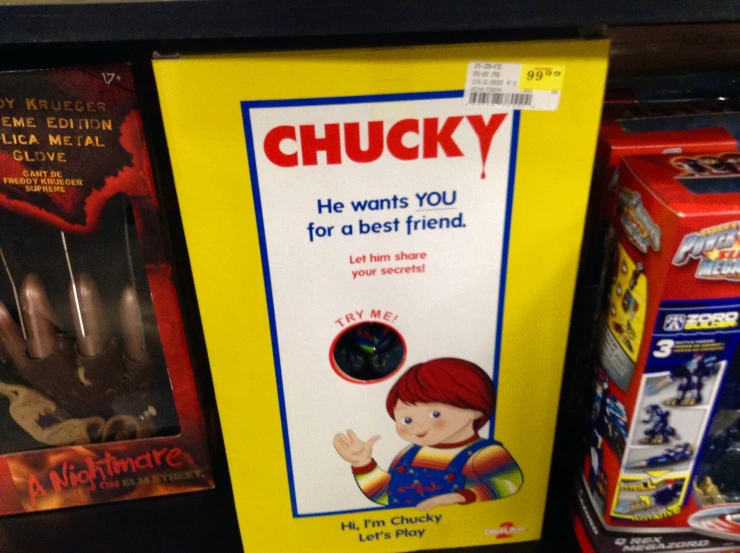 an advertit on the shelf for a toy store