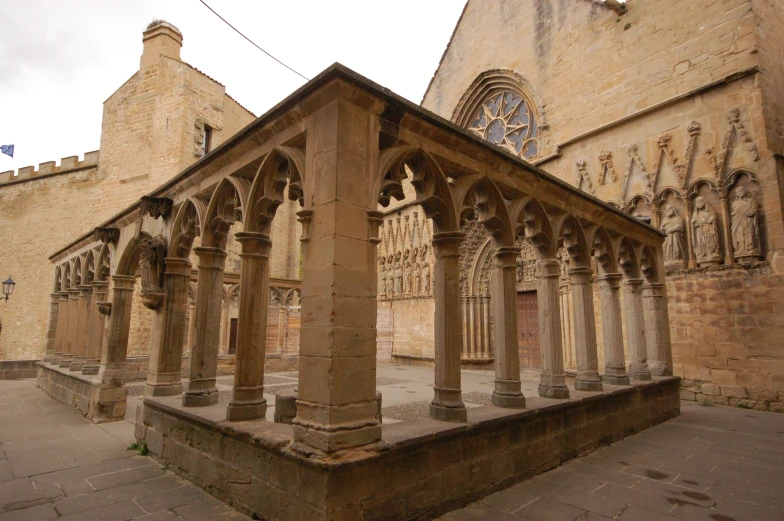 an outside corner of a building with columns