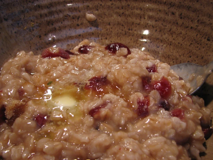 there is a bowl filled with oatmeal and raisins