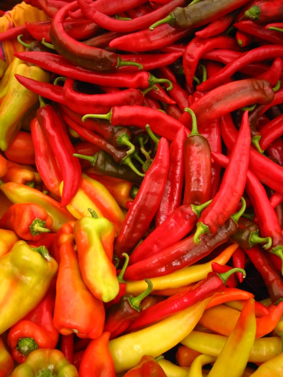 a pile of red peppers sits in a pile