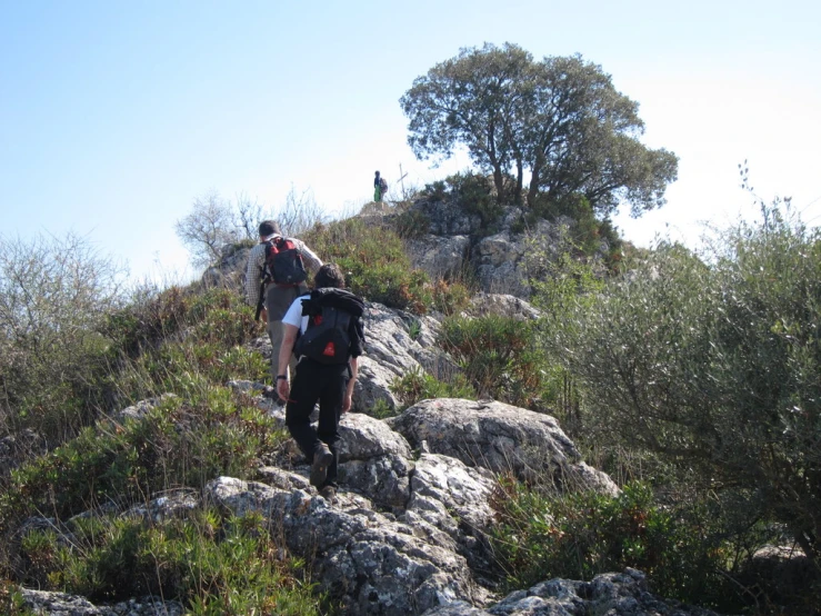 three people hiking on top of a rocky hill