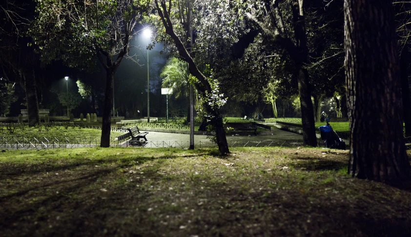 night scene with a park bench and street lamp