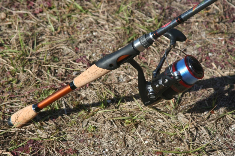 a fishing rod sitting in some mulch and a reel