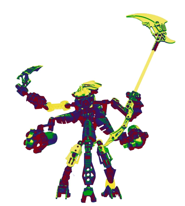 colorful robot with green arms and yellow arms