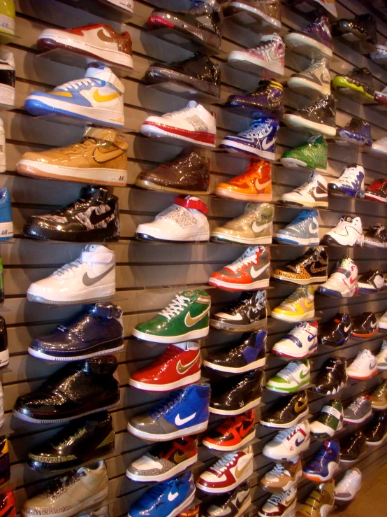 large assortment of shoes on display in a shoe store