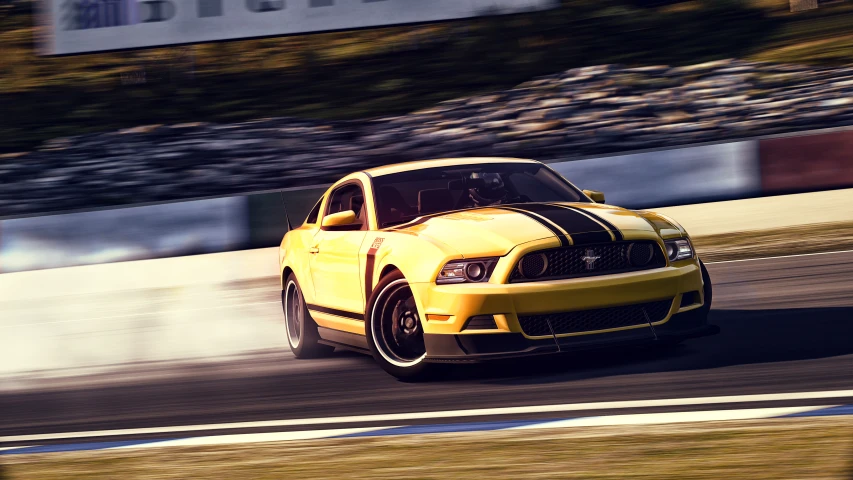 a yellow ford mustang car driving on a track