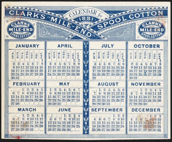 an old blue and white calendar with dates