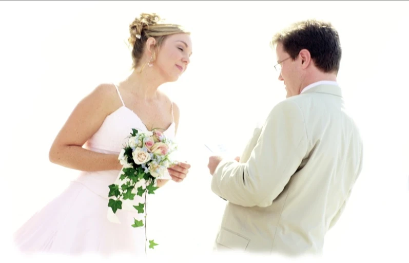 a bride is talking to her groom