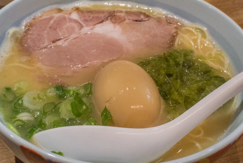 a bowl of soup with meat, vegetables and a plastic spoon