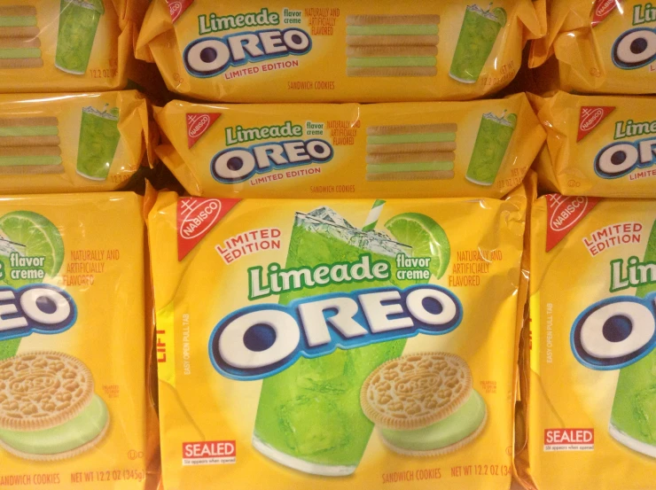 a group of packaged oreo cereals displayed in a supermarket