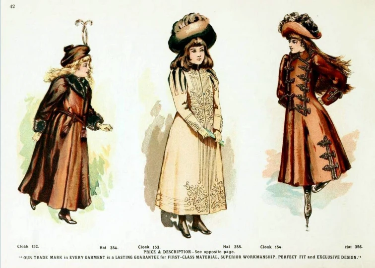 the four women in long coats are wearing hats