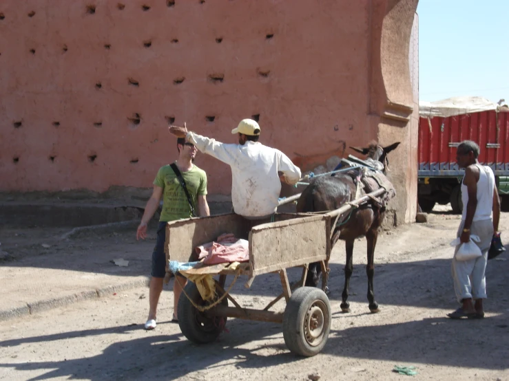 people standing around with a donkey being hitched to a cart