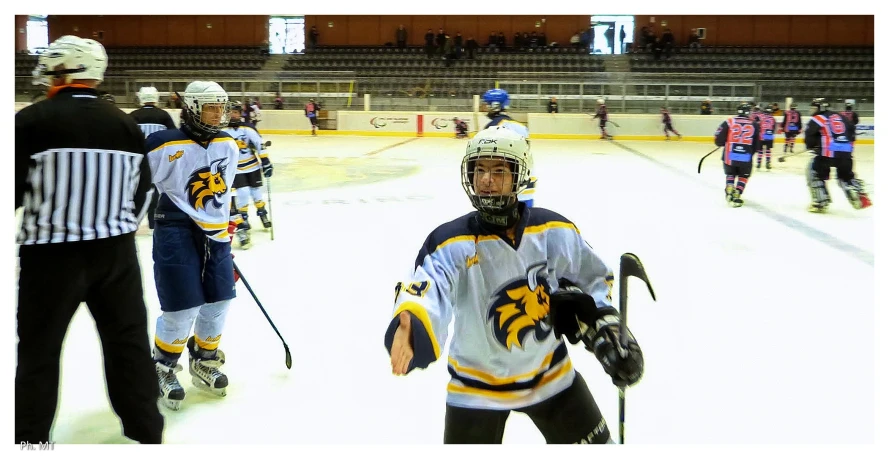 an ice hockey player on the rink and some people