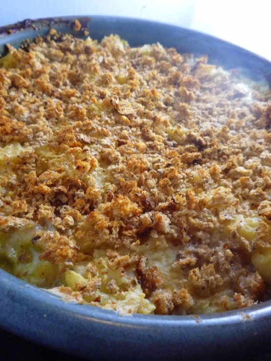 a casserole dish filled with potato stuffing