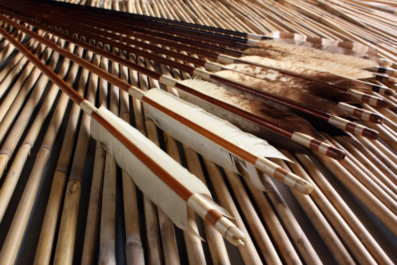 large set of wooden needles with their blades laying down