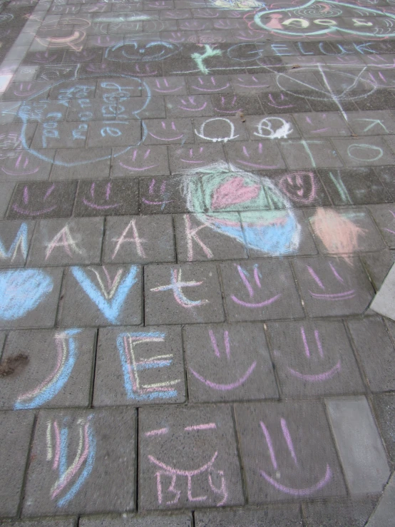 some chalk writing on a paved area with other sidewalk sidewalking
