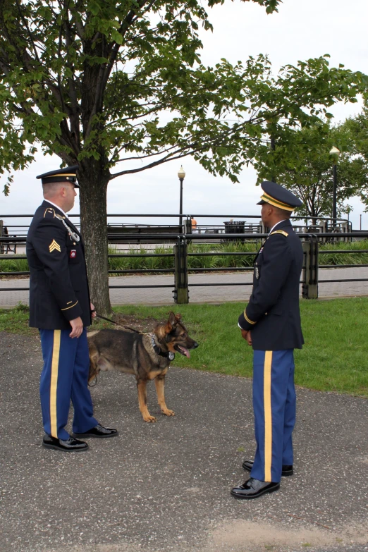 two uniformed officers are standing outside with a dog
